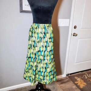 R.Q.T. Lined Abstract Print Colorful Midi Skirt Side Zip Elastic Waist Size 12